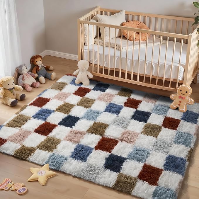 Ophanie Checkered Rainbow Rug for Living Room Bedroom,Colorful Fluffy Soft Cute Fuzzy Area Rugs, Shag Plush Shaggy Bedside Floor 4x6 Furry Carpet for Kids Baby Teen Dorm Nursery Home Decor Aesthetic