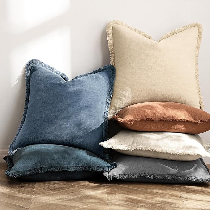 MIULEE Decorative Throw Pillow Covers Neutral Linen Fringe Throw Pillows Set of 2 Blue Ashes Boho Farmhouse Cushion Covers with Tassels for Couch Sofa Bed Home Spring Decor 18x18 Inch