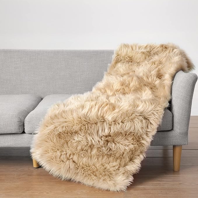 Ciicool Beige Fur Fluffy Rug, 2x4 ft Small Faux Fur Rugs for Bedroom, Washable Faux Sheepskin Rug for Sofa Couch Seat Cushion, Thick Shaggy Furry Rugs Floor Carpets for Bedside Living Room