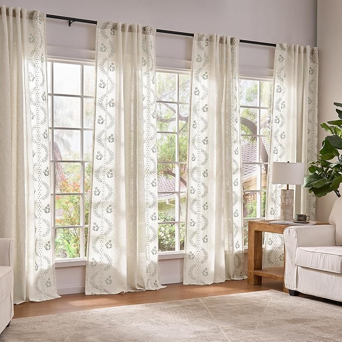jinchan Belrose 4 Panel Curtains Set 90 Inch Length Floral Curtains Linen Blend Sage Green Embroidered Drapes Farmhouse Flower Patterned Drapes for Living Room Bedroom Window Treatments Set of 4