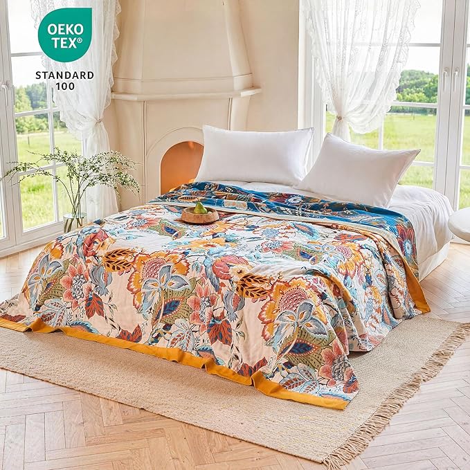 MSGKV Boho Throw Blanket 90"x108" Floral Cotton Blanket for Bed Spring Breathable Lightweight Farmhouse King Blankets Home Decor Muslin All Seasons