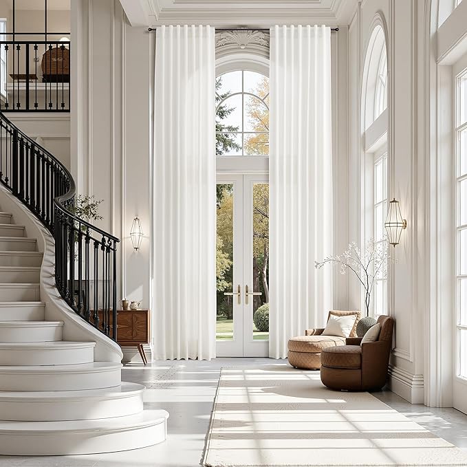 Extra Long Beige White Linen Curtains 132 Inch for Living Room 2 Panels Set Rod Pocket Back Tab Light Filtering Semi Sheer Curtain Privacy Floor to Ceiling High Ceiling Drapes for Farmhouse 52x132