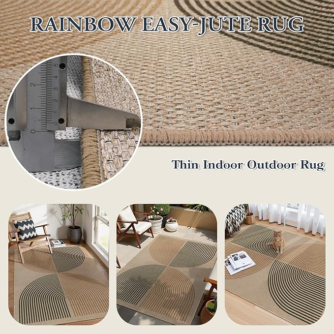 Lahome Enfys Modern Rainbow Easy Jute Office Rug, Washable Rugs 4x6 for Living Room Bedroom Farmhouse Kitchen Mats for Floor, Contemporary Non Slip Floor Carpet for Entryway Backyard Sunroom
