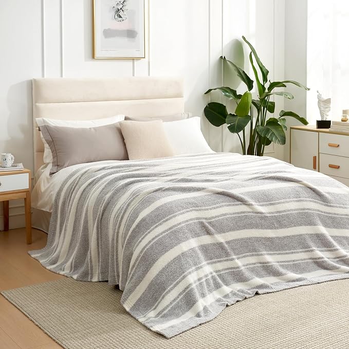 Snuggle Sac Queen Size Bedding Blankets, Super Soft Warm Blankets Cozy Knit Fuzzy Oversized Blankets for Bed, Stripe Grey, 90"x90"