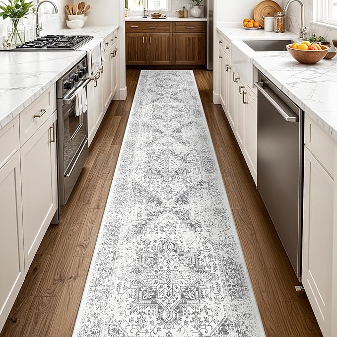 Washable 2'6''x14' Runner Rug - Non-Slip Vintage Runner Rug for Entryway Low-Pile Medallion Long Rugs for Hallway Waterproof Traditional Indoor Thin Rug for Kitchen (Grey)