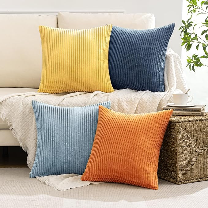 MIULEE Pack of 4 Blue-Orange Corduroy Decorative Throw Pillow Covers 18x18 Inch Soft Boho Striped Pillow Covers Modern Farmhouse Home Decor for Summer Sofa Living Room Couch Bed