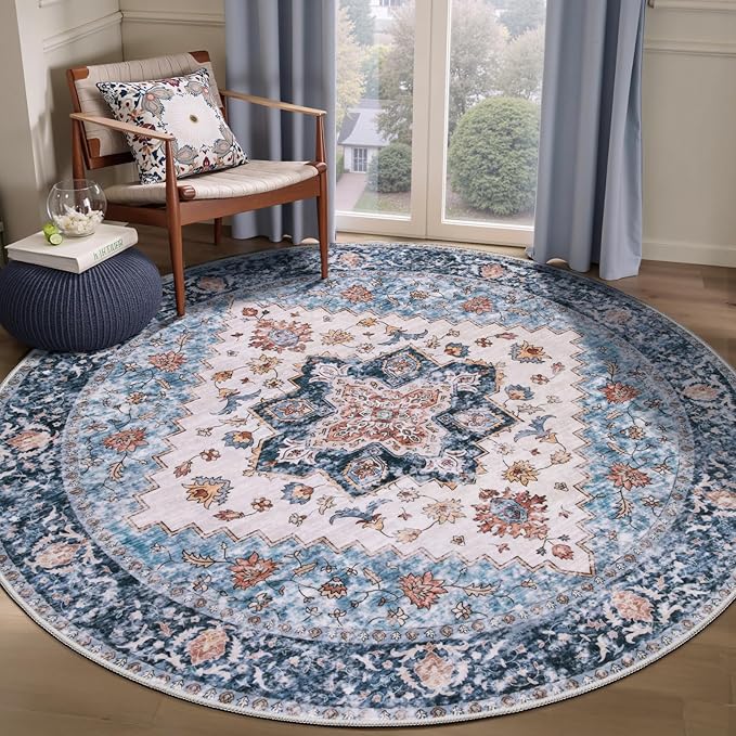 SERISSA Boho Round Area Rug, 5ft Washable Non-Slip Circle Rug, Ultra Soft Oriental Vintage Blue Orange Low-Pile Circular Carpet for Bedroom Entryway Kids Room Office College Dorm Living Room