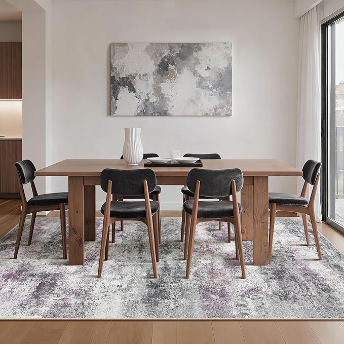 Area Rugs 8x10 for Living Room Bedroom, Modern Abstract Machine Washable Rug, Large Soft Low Pile Floor Carpet with Non Slip Backing for Dining Room, Grey/Purple