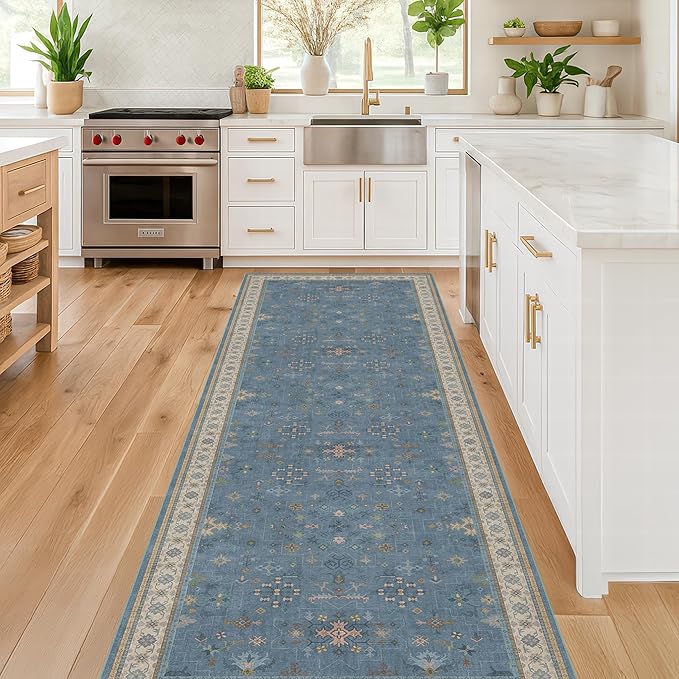 Hazo Haus Non Slip 10ft Long Hallway Runner Rug Blue - 2 x 10 Runner Rug, Washable & Waterproof 2x10 Kitchen Floor Mat - Modern Eclectic Boho Design Décor