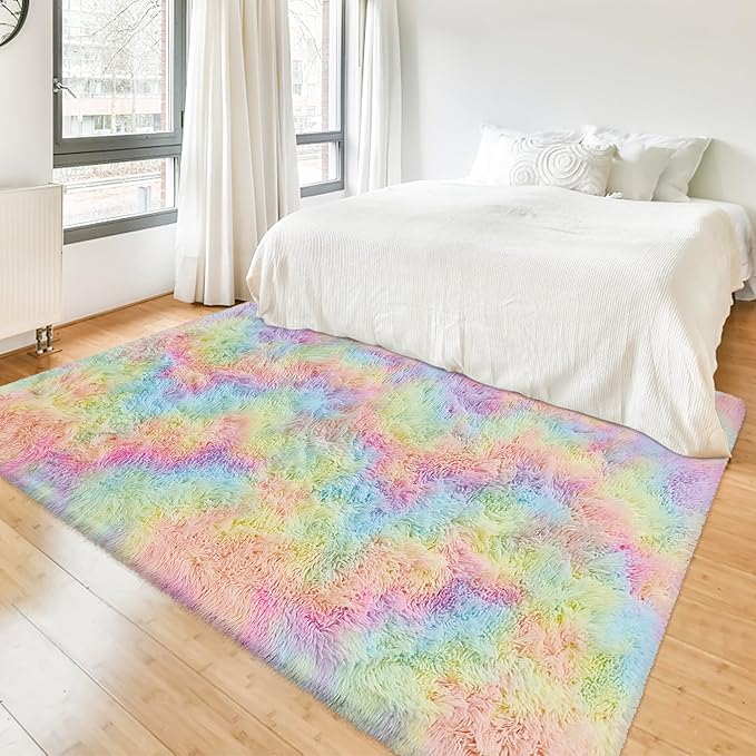 Fluffy Rainbow Colorful Area Rug for Girls Bedroom 4x6 Kawaii Tie Dye Rug Fuzzy Indoor Floor Unicorn Rug for Living Room Kids Nursery Baby Princess Room Dorm Home Decor Aesthetic Carpets