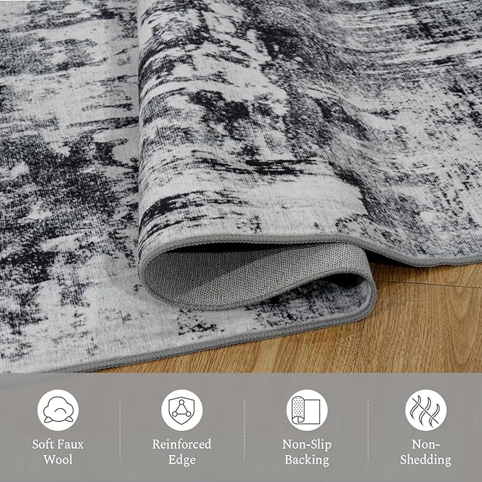 Rugflix 5x7 Area Rugs for Living Room, Washable Large Rug Stain-Resistant Low Pile, Modern Dark Carpet for Dining Room Home Office Kid Room Nursery Bedroom, Black Grey