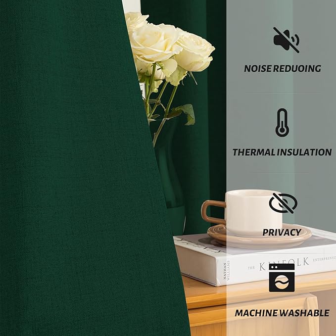 Yakamok Dark Green Linen Curtains 100% Blackout 84 Inches Long,Room Darkening Textured Drapes for Living Room Thermal Grommet Bedroom Curtains 2 Panels with White Liner