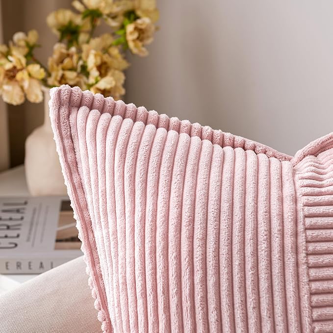 MIULEE Spring Decorative Throw Pillow Covers for Couch Bed Livingroom 16x16 Inch Set of 2 Pink Boho Accent Throw Pllows Broadside Striped Patchwork Soft Corduroy Pillowcases Valentine Decor