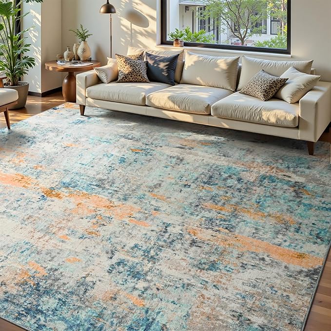 Ompaa Living Room Rug 6x9 Blue Area Rug Machine Washable Boho Rug Non Slip Abstract Vintage Indoor Large Rugs for Bedroom, Classroom, College Dorm, Farmhouse, Dining Room, Kids Playroom