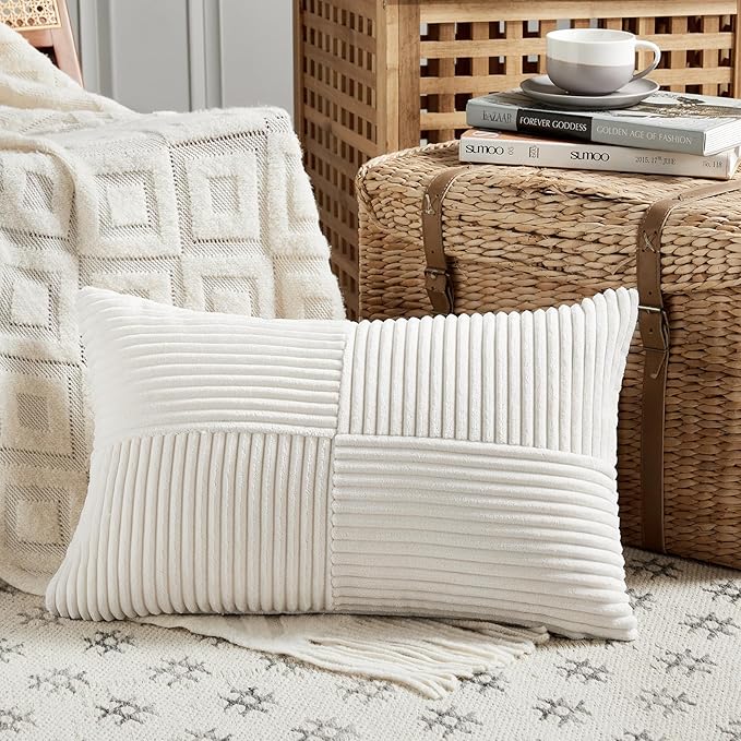 Fancy Homi Set of 2 Cream White Lumbar Decorative Throw Pillow Covers 16x26 Inch for Living Room Couch Bed, Boho Farmhouse Forest Green Home Decor, Soft Corduroy Corss Patchwork Cushion Case 65x40 cm