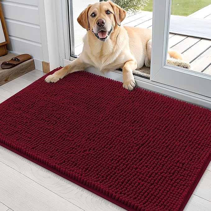 OLANLY Dog Door Mat for Muddy Paws 35x24, Absorbs Moisture and Dirt, Absorbent Non-Slip Washable Doormat, Quick Dry Chenille Mud Mat for Dogs, Entry Indoor Entryway Carpet for Inside Floor, Burgundy