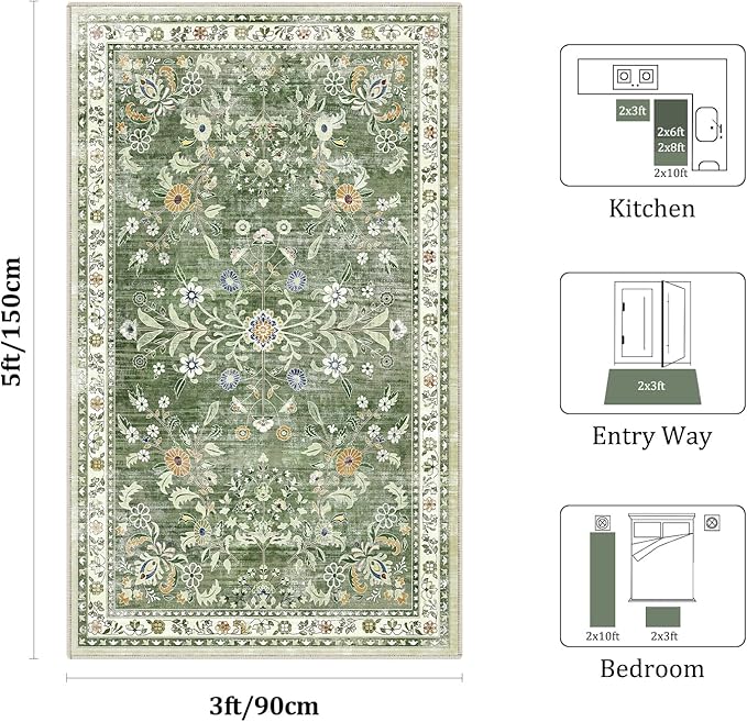 Yamaziot Washable Area Rug 3x5 – Small Non Slip Boho Area Rug for Bedroom, Low Pile Distressed Carpet for Living Room, Bedroom, Kitchen, Entrance, Green