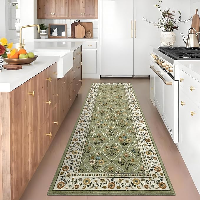 Washable Kitchen Rugs Non Slip 2x6 Hallway Runner Rug Stain Resistant Low Pile Floral Floor Rug with Rubber Backing Non Shedding Runners for Indoor Entryway Bedside Bedroom Farmhouse RV Green