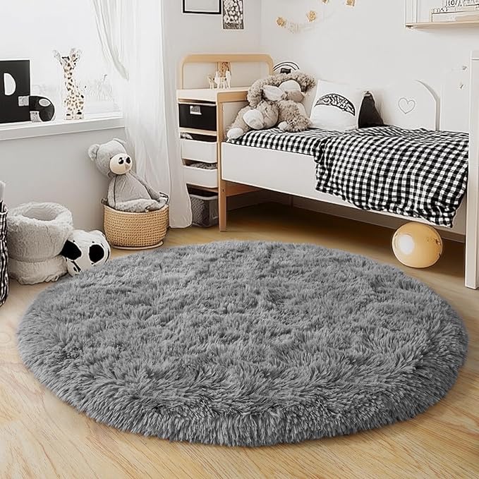 4'x4' Grey Round Rug for Bedroom, Ultra Soft Fluffy Circle Rug for Kids Girls Boys Room, Cute Shag Rugs for Living Room Playroom Teen Room Home Decor Rug