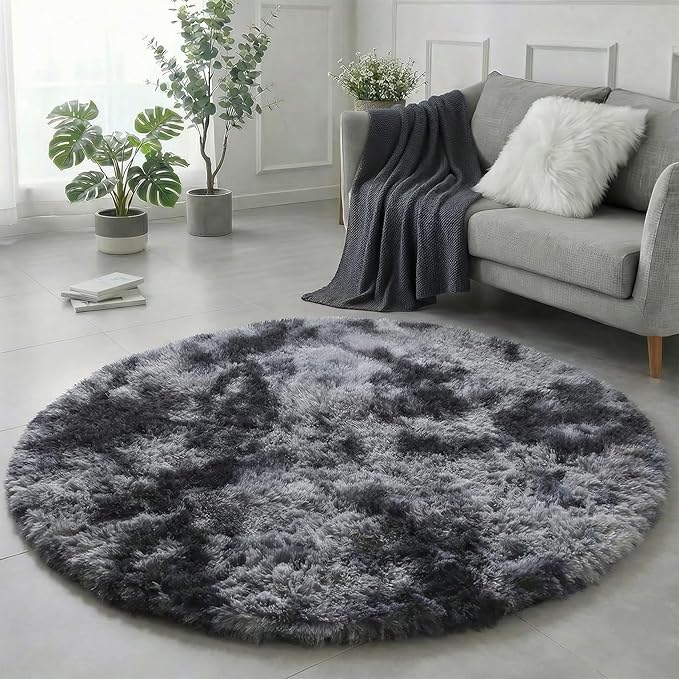 Amdrebio Tie-Dyed Dark Grey Round Area Rugs for Living Room, 7x7 Rug, Soft Thick Large Circle Rug for Bedroom, Big Shag Fluffy Plush Carpet for Mens Boys Kids Room, Modern Cool Furry Circular Rug