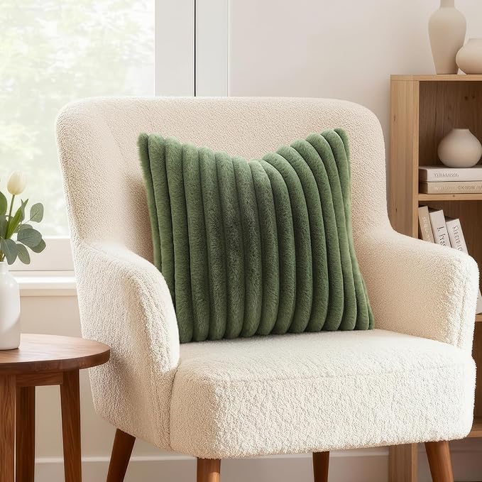 decorUhome Cozy Faux Fur Throw Pillow Covers 16x16 Set of 2 Decorative Soft Plush Striped Modern Farmhouse Boho Couch Pillow Cases with Velvet Back for Sofa Bed Living Room, Olive Green