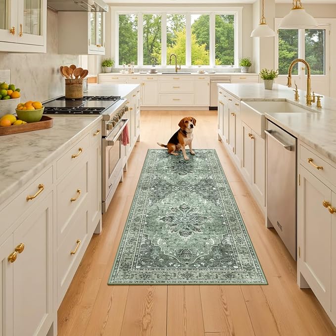 Area Rugs 2'x6' Runner Rug Non Slip Washable for Kitchen Hallway Bedroom Beside Laundry Room Bathroom Rug, Floor Carpet, Dark Green Gray