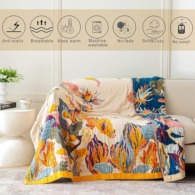 MSGKV Boho Throw Blanket 60''x80'',100% Cotton Blanket for Couch Bed, Spring Breathable Quilt Farmhouse Home Decor Soft Lightweight Picnic Blankets