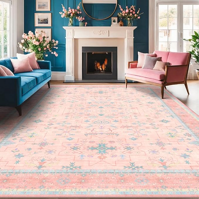 Washable Pink and Blue 6x8 Boho Rugs for Bedroom Girls, Living Room Kids Playroom Nursery Room, Modern Floral Distressed Design, Soft Low Pile Non Slip Stain Resistance Carpet