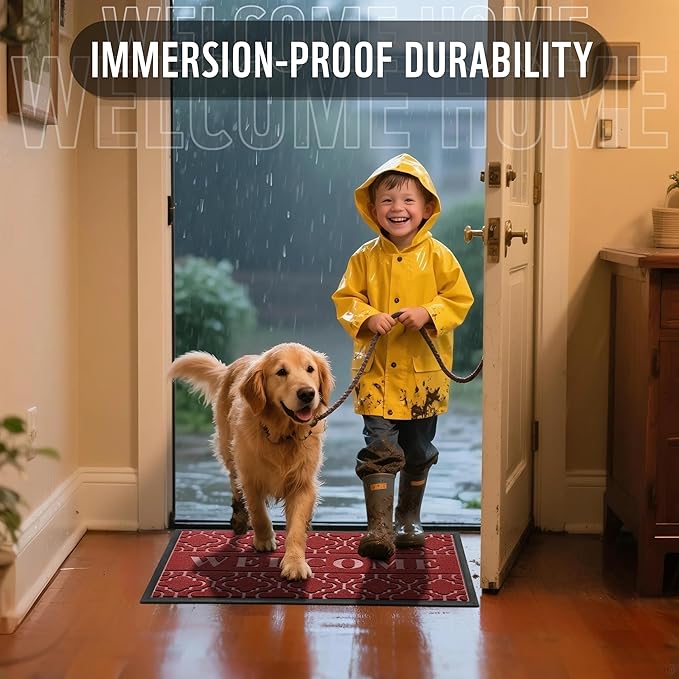 Yimobra Welcome Mat Outdoor Indoor, All-Season Waterproof Front Door Mat Outside Entrance, All-Weather Heavy Duty Non-Slip Doormat, Low Profile Porch Patio Entrance Mats, 47x32, Red