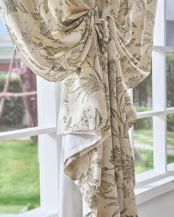 jinchan Lined Linen Floral Curtains for Living Room, 63 Inch Length Printed Flower Farmhouse Patterned French Country Back Tab Green Window Drapes Set Privacy Bedroom Curtains, 2 Panels