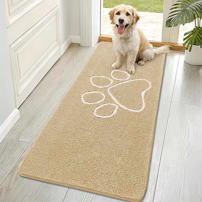 OLANLY Dog Door Mat for Muddy Paws 70x32, Paw Print Design, Absorbs Moisture and Dirt, Absorbent Non-Slip Washable Doormat, Quick Dry Chenille Mud Mat for Dogs, Entry Indoor Entryway Carpet, Beige
