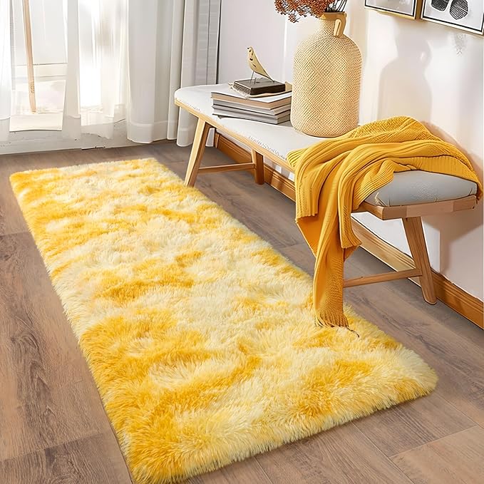 Soft Runner Rugs for Bedroom Hallways, 2x6 Tie-Dyed Yellow Fluffy Shag Throw Area Rug Non Slip for Bedside Dorm, Long Shaggy Furry Carpet for Nursery Living Room