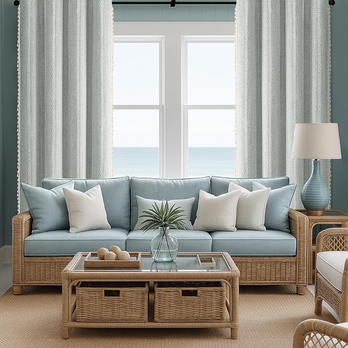 Teal Boho Blackout Curtains 90 Inches Long Light Green Linen Blend 2 Panels with Tassels and Cotton Embroidery, Farmhouse Vintage Rustic Rod Pocket Drapes for Living Room or Bedroom
