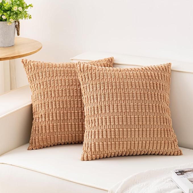 Pack of 2 Corduroy Decorative Throw Pillow Covers 18x18 Inch Soft Striped Pillow Covers Modern Farmhouse Home Decor for Sofa Living Room Couch Bed（Apricot）