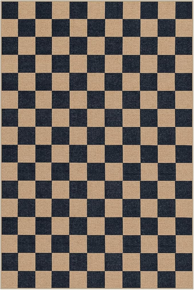Lahome Colette Checkered Easy Jute Carpet, Washable Area Rug 6x9 Neutral Outdoor Patio Rug, Farmhouse Checkerboard Non Slip Non Shedding Floor Carpet for Dining Living Room Deck Sunroom