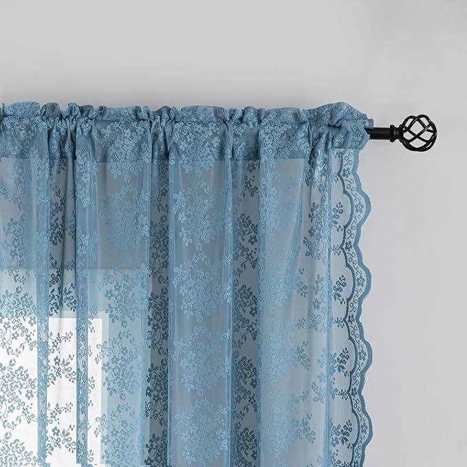 YJ YANJUN Vintage Lace Curtains 84 Inch Length-Dusty Blue Floral Sheer Curtains for Bedroom Living Room Hallway Doorways 2 Panels Set Beach Coastal Decor Rod Pocket W52 X L84 inch Stone Blue 7 Ft