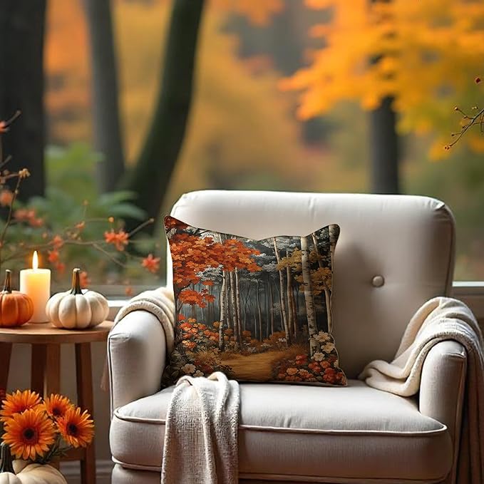 Rustic William Morris Inspired Autumn Forest Decor Throw Pillow Covers 18x18, Vintage Botanical Nature Decorative Throw Pillow Covers for Home Bedroom Living Room