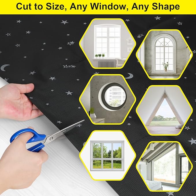 FADOTY 100% Blackout Window Cover Film, Portable Black Out Curtains for Bedroom, Cuttable Blackout Shades Fabric Sheet, No Drill Window Blinds, Sun Heat Light Blocker for Travel Media Dorm, 57'' W