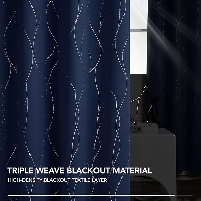 Deconovo Navy Blue Curtains, Blackout Curtain for Bedroom, 38 x 84 Inch, Thermal Insulated Soundproof Privacy Drapes with Silver Wave Dots Pattern, Grommet Top, Machine Washable Panel for Living Room