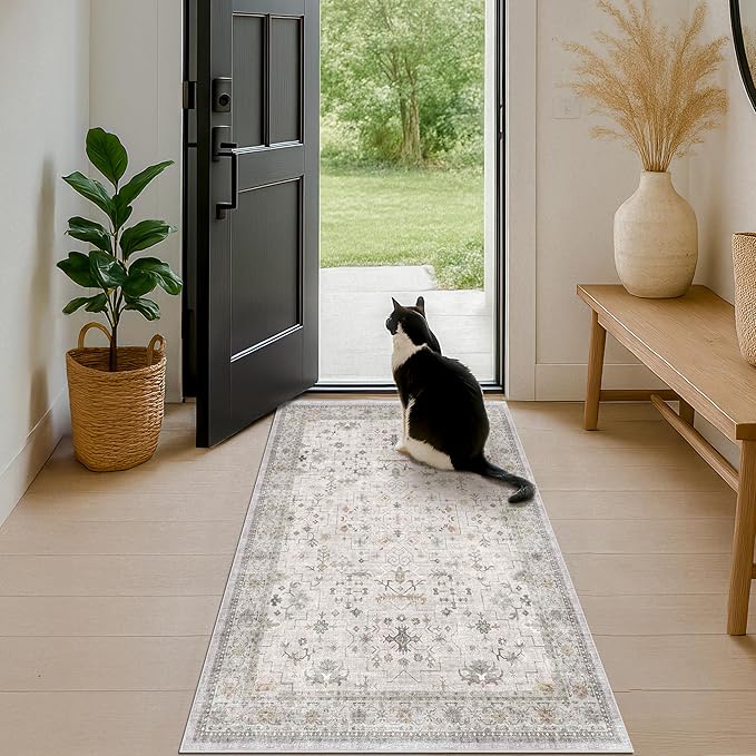Light Grey 3x5 Large Boho Bathroom Rug - Modern Vintage Eclectic Floral Pastel Neutral Taupe, Washable Low Pile Non-Slip Area Rugs for Entryway, Kitchen, Bedroom Beside Bed, Laundry