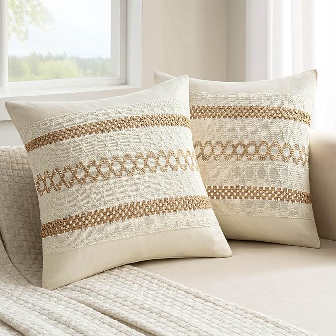 MIULEE Set of 2 Neutral Boho Decorative Pillow Covers 16x16 Inch Farmhouse Rustic Couch Throw Pillows Modern Cotton Cushion Covers Retro Cute Macrame Woven Spring Home Decor for Bed Sofa Chair