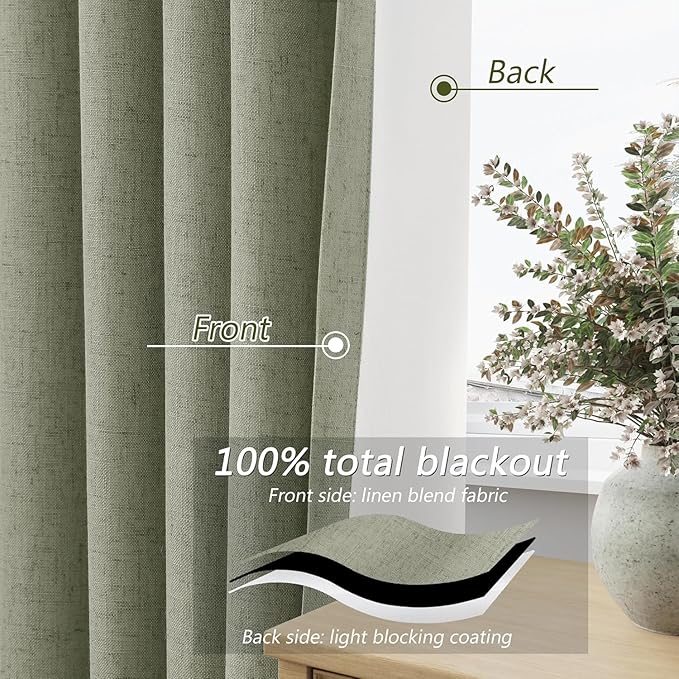Sage Green 100% Blackout Curtains 63 Inch Length 2 Panels Set for Living Room Bedroom Back Tab Thermal Insulated Black Out Linen Drapes Room Darkening Window Curtains 40 Wide