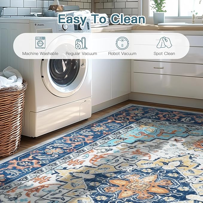 Lofus 8x10 Area Rugs for Living Room, Washable Area Rug, Rugs for Bedroom, Kitchen, Vintage Boho Carpet, Soft Non-Slip, Low Pile Large Area Rug for Office Dining Room, Floral Blue