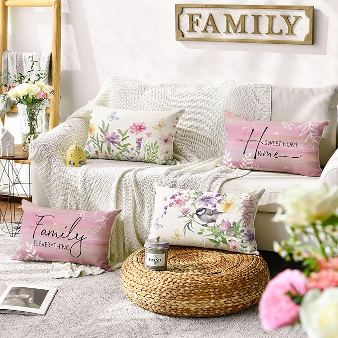 AVOIN colorlife Spring Saying Flowers Butterfly Pink Throw Pillow Covers, 12 x 20 Inch Home Sweet Home Cushion Case for Sofa Couch Set of 4