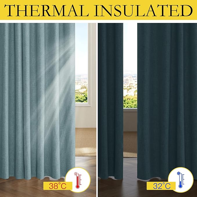 NICETOWN 100% Absolutely Blackout Linen Curtains with Thermal Insulated White Liner, Skylark Blue, 52 inches Wide, 72 inches Length Energy Saving Curtains for Living Room 2 Panels Set, Vertical Blinds
