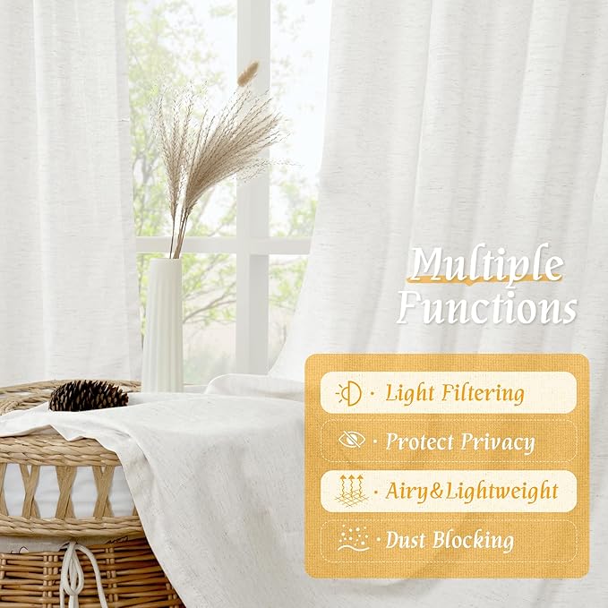 LAMIT Natural Linen Curtains for Bedroom, 84 Inch Length Faux Linen Textured Light Filtering Drapes Rod Pocket Window Treatment Panels for Living Room, Set of 2 Panels, 52 x 84 Inch, Ivory White