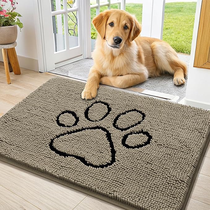 Smiry Dog Door Mat for Muddy Paws, Absorbent Dirt Trapper Non Slip Quick Dry Washable Chenille Mat for Mud Dogs, Entry Rug for Indoor and Outdoor (36x24 Inches, Warm Taupe and Black)