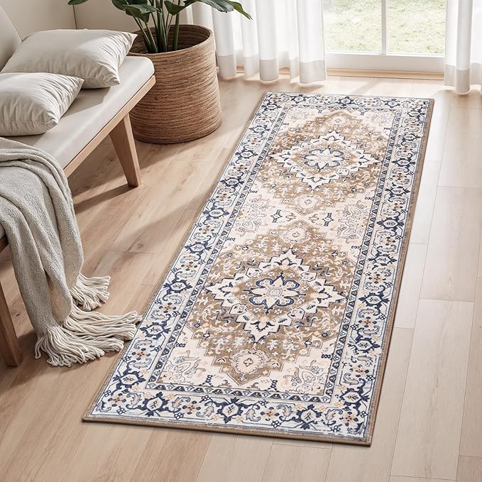 Lofus 2x5 Runner Rug for Hallways, Washable Kitchen Rugs, Non-Slip Rugs for Entryway and Bedroom, Vintage Boho Carpet, Soft Low Pile Long Runner Area Rug, Floral Brown