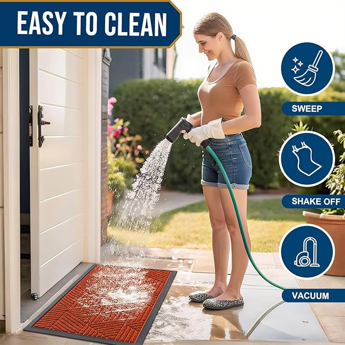 Smiry Front Door Mat Outside Entrance, Heavy Duty Sturdy Natural Rubber Doormat, Trap Dirt and Moisture, Easy Clean Low Profile Mats for Indoor Outdoor Entry, Irregular Triangle (29.5x17, BRN-Orange)