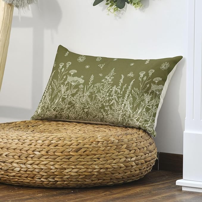 AVOIN colorlife Wildflowers Spring Moss Green Throw Pillow Cover, 12 x 20 Inch Floral Cushion Case Decoration for Home Sofa Couch